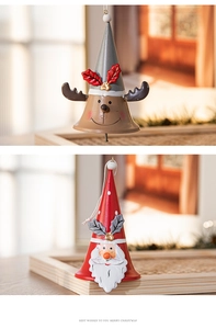 Detailed view of hand-painted Santa and Reindeer metal bells for Christmas tree decor