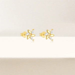 Detailed shot of gold S925 silver flower earrings with marquise zirconia petals