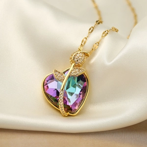 Collana placcata in oro 18K con cuore di cristallo colorato e ciondolo rosa in zircone