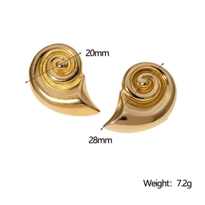 Detail view of gold conch-shaped spiral earrings showing size 20mm and 28mm dimensions