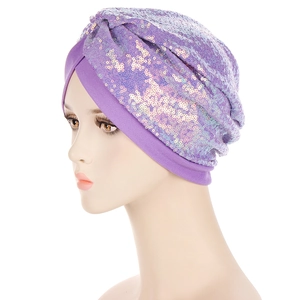 Sparkly purple sequin turban hat for women in a stylish full-wrap headwear design