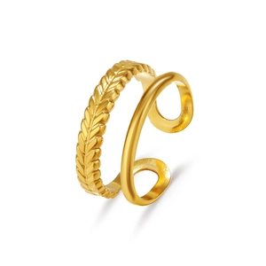 Bague double couche minimaliste en acier inoxydable doré, motif épi de blé ajustable