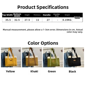 Detailed size specifications and color options for the large canvas tote bag