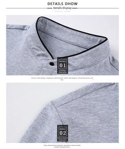 Detail of grey standing collar with black contrast piping and single button closure