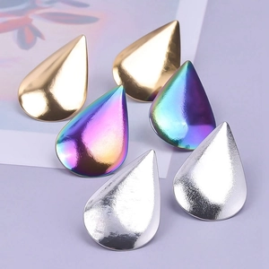 Three-color teardrop stud earrings in gold, silver and rainbow surgical steel