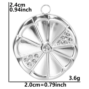 Detailed view of silver lemon slice pendant with rhinestones and size measurements