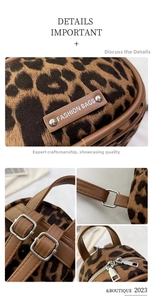 Detail shots of leopard print backpack showing stitching, straps and silver hardware
