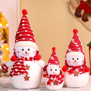 Christmas Snowman Doll Ornament Plush Knit Red White Striped Hat Scarf Welcome Star Festive Home Table Decoration