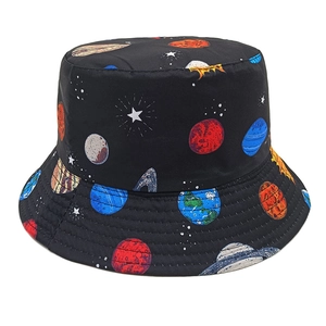 Detail view of the cosmic planet print and reinforced stitching on a black bucket hat