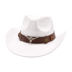 Close-up of white felt cowboy hat featuring a brown leather band and bull head metal ornament
