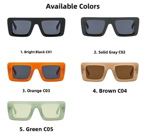 Detailed color options for retro rectangle sunglasses in black, grey, orange, brown, and green