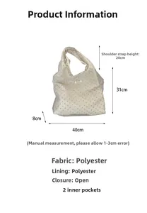Polyester tote bag size guide showing 40x31x8cm dimensions and internal pocket structure