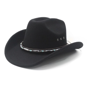 Classic black wool western cowboy hat with ethnic beaded leather band and air vents