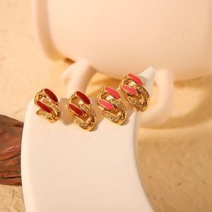 French vintage 18k gold plated stainless steel chain link earrings with colorful enamel