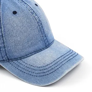Unisex washed denim baseball cap with a wide brim and classic vintage distressed style