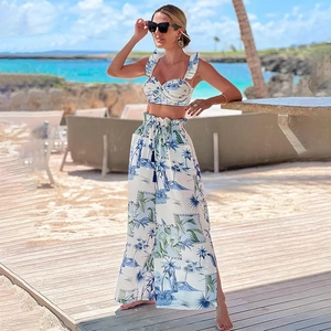 Floral crop top and high-waisted wide-leg trousers set with tropical palm prints