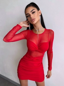 Detail of red mesh bodycon dress featuring sheer long sleeves and front twist knot design