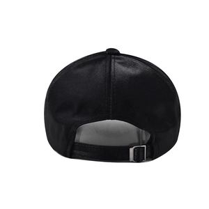 Detail view of the black baseball cap back with adjustable velvet strap and metal buckle