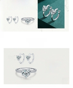 Detailed view of S925 sterling silver heart-cut gemstone ring and matching earrings