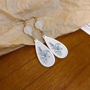 New Chinese Style Teardrop Pendant Earrings White Resin Lily Floral With Silver Earring Post Retro For Women