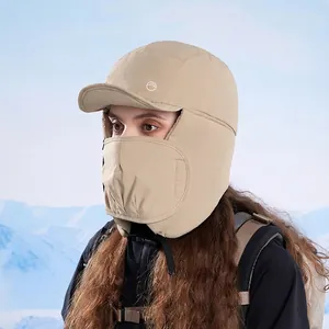 Winter thermal windproof outdoor hat with ear flaps and face mask in beige nylon