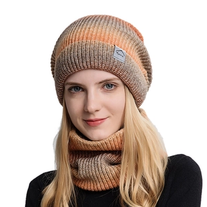 Winter knitted hat and neck warmer set with orange gradient wool and sport label