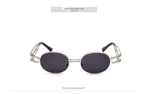 Detail view of silver steampunk sunglasses with oval metal frame and hollow temples