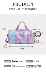 Dimensions détaillées du sac de voyage tie-dye avec mesures de 46x25x20cm et détails