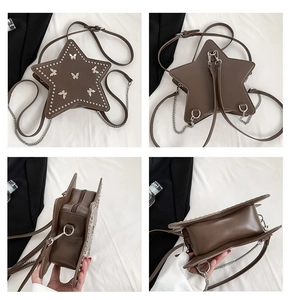 Detail shots of brown star bag with butterfly rivets and silver chain strap