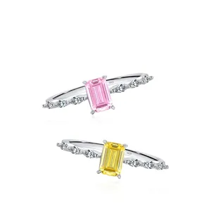 925 Sterling Silver Ring For Women Emerald Cut Pink Yellow Zircon Elegant Minimalist Jewelry Gift