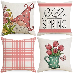 Detailed set of four spring floral linen pillow covers with hello spring and tulip prints