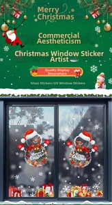 Détail d'un autocollant UV bonhomme de neige avec voeux de Joyeux Noël sur une porte vitrée