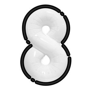 Detail of white 32-inch number 8 foil balloon with black outlines for party decor