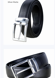 Detail of silver matte alloy buckle and black lychee grain leather belt for men