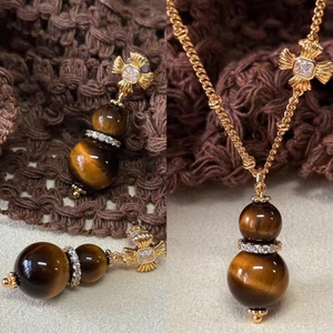 Tigerauge Anhänger Schmuck Halskette Ohrringe Legierung Zirkon Blume Mit Silbernem Ohrstecker Retro Chinesischer Stil Damen