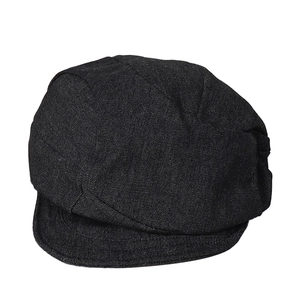 Retro black denim newsboy cap featuring pleated stitching and asymmetric visor style