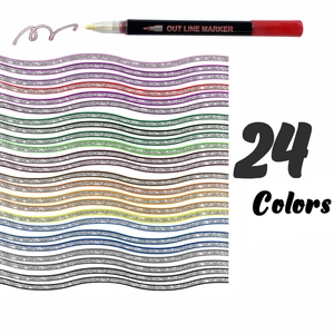 Detailed color chart of 24 double-line outline markers with metallic silver ink effect