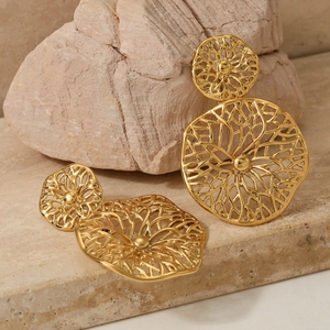 Stainless Steel Hollow Out Tiered Circle Dangle Earrings For Women Filigree Flower Mesh Plated Bohemian Style Jewelry
