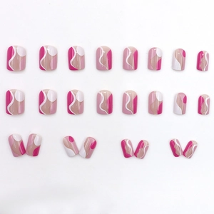 Short round press-on nails with pink, rose red and white wavy abstract line patterns