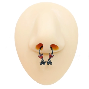 Halloween black nose ring with red heart gemstone and black spider pendant on model