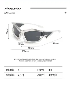 Detailed size chart of Y2K sunglasses with lens height, frame width, and arm length