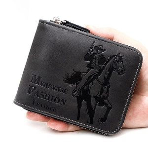 Men's tri-fold short zipper wallet in black leather with embossed cowboy horse pattern