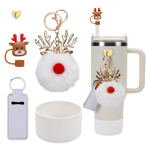Christmas reindeer accessory set with cream silicone boot and pompom on Stanley cup