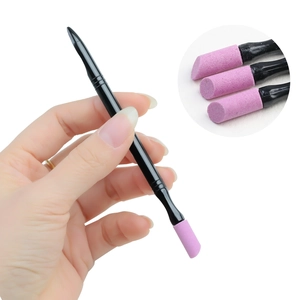 Dual-head nail cuticle pusher with pink quartz stone file and black handle for manicure care