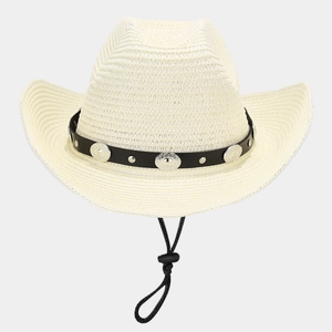 Detail of cream straw hat featuring black leather band with silver studs and chin strap
