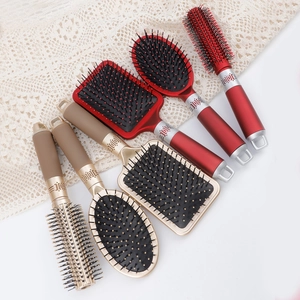 3-piece bamboo cushion hair brush set in matte red and champagne gold finishes