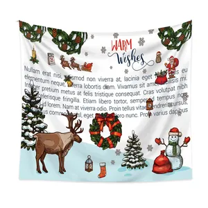 Close-up of Christmas tapestry with hand-drawn reindeer, snowman, and Warm Wishes text