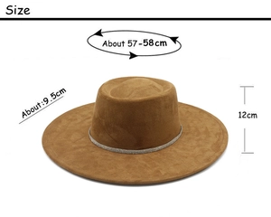 Size specifications of camel wide brim fedora hat with brim width and crown height details