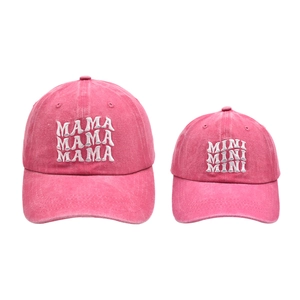 Matching washed pink cotton baseball cap set with MAMA and MINI embroidered letters