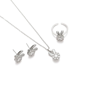 Rotating bunny pendant necklace and earrings set with zircon stones in silver finish
